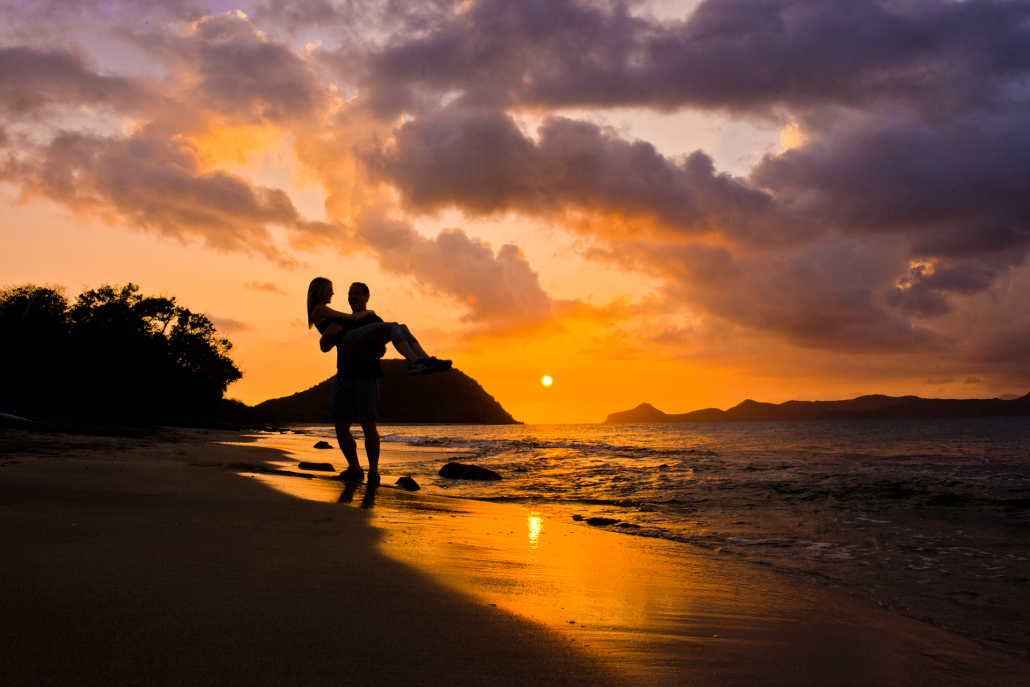 Romance Travel Nevis Sunset Couple on Beach
